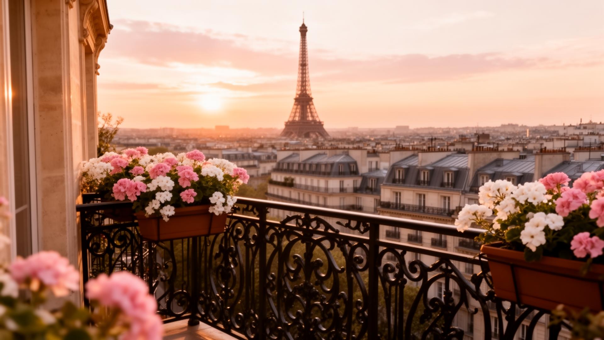Paris balcony view of the Eiffel Tower at golden hour